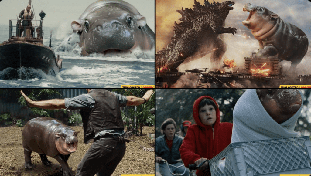 Fun Reimaginings of Classic Movie Characters with Viral Hippo Moo Deng: Godzilla, E.T., and Raptors in a New Look